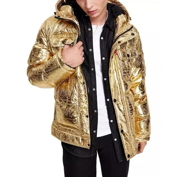 Levi's Puffer Jacket Men's L Gold Bandana Paisley Quilted Hooded X2814 $225 - Picture 5 of 14